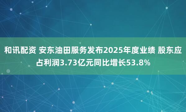 和讯配资 安东油田服务发布2025年度业绩 股东应占利润3.73亿元同比增长53.8%